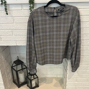 Express Gray and White Plaid Blouse